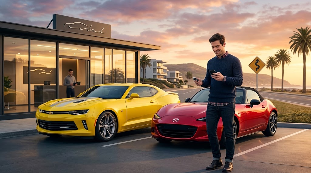 モダンなレンタカー店舗の前に並ぶ、黄色と赤のスポーツカー（シボレー・カマロとマツダ・ロードスター）。その前で、黒髪の男性がスマートフォンで料金を確認しながら笑顔で鍵を受け取っている。