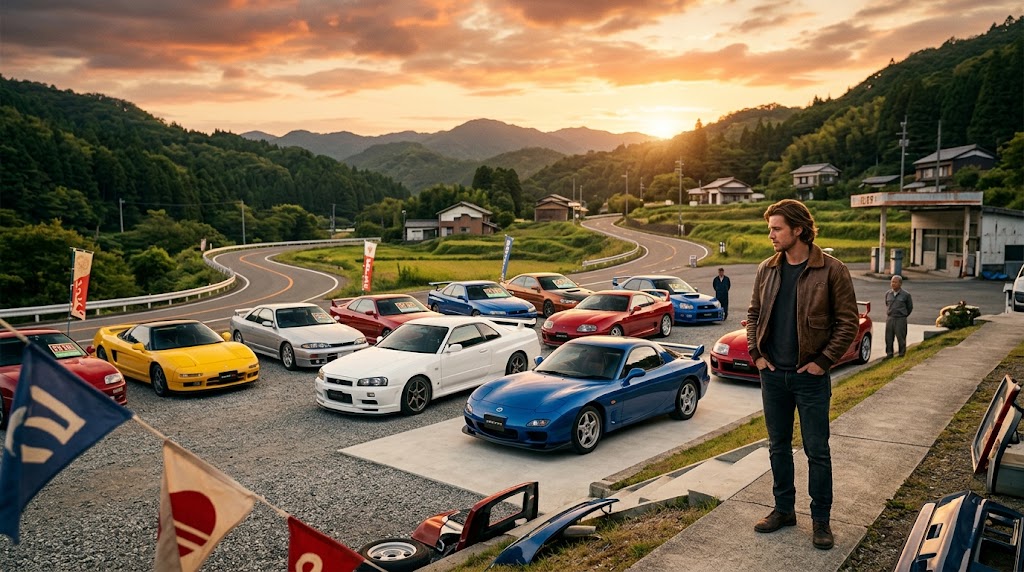 夕暮れの光が差し込む野外展示場で、並ぶスタイリッシュな中古スポーツカーを前に購入を検討している茶髪の男性の様子。
