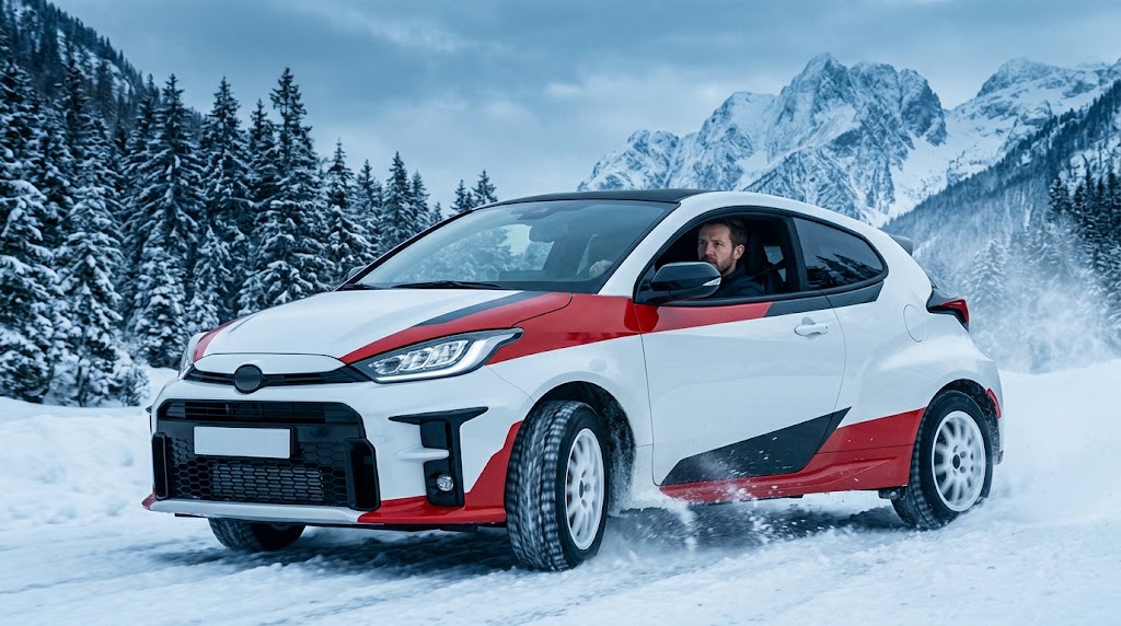 雪深い冬の峠道を力強く走り抜ける、茶髪の男性が運転する白と赤の4WDラリースポーツカー。