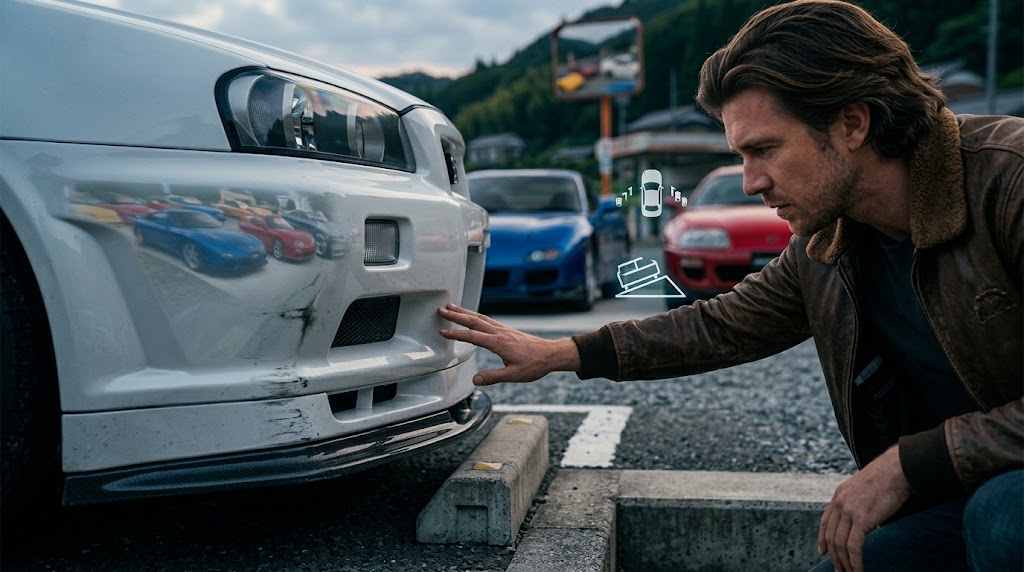 低い車高のスポーツカーがコンクリート製の車止めに接近し、男性が下回りのクリアランスを確認している。