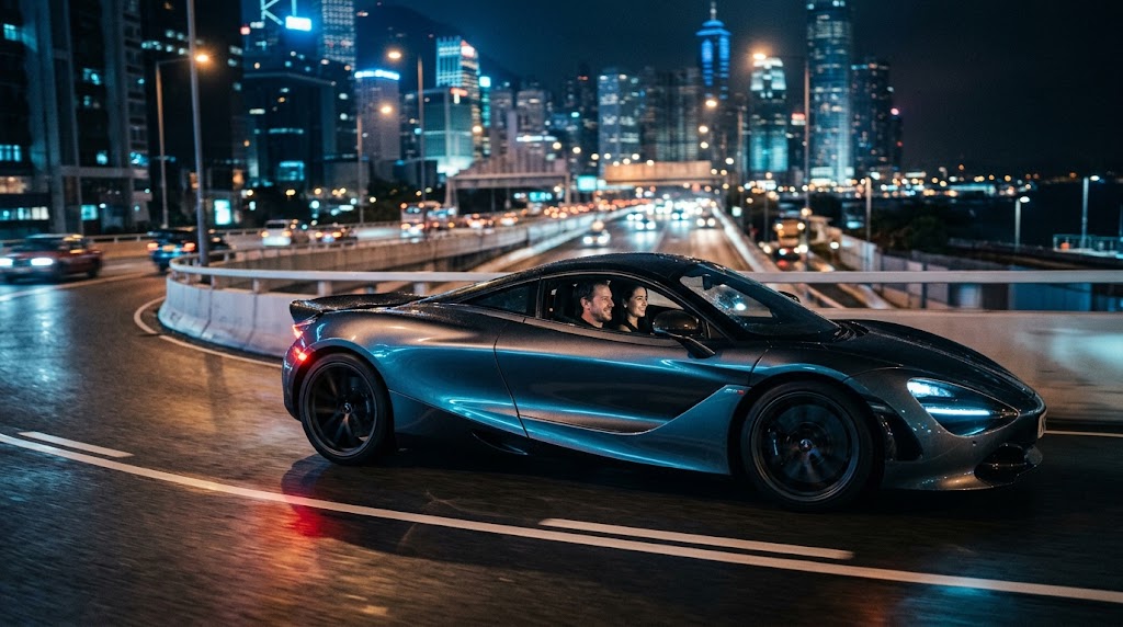 高層ビルの光が流れる夜の高速道路を静かにクルージングする流線型の高級スポーツカーと、車内で落ち着いたドライブを楽しむ茶髪の男性と黒髪の女性。