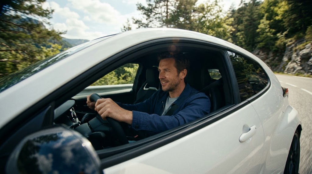 山間部のワインディングロードを、楽しげに運転する男性と白いスポーツハッチバック。