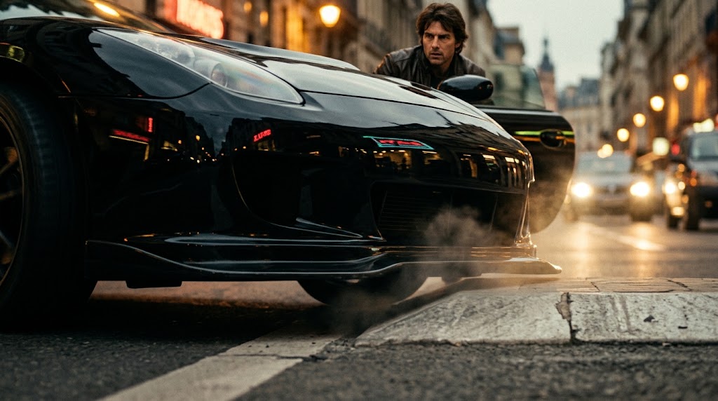 映画のワンシーンのように、黒髪の男性ドライバーが慎重に運転する黒いスポーツカーのフロントバンパーが、都会の段差やスピードバンプと接触しそうになっている低角度の映画ポスター風画像。車体底面の低さと、障害物を超える際のスリルと緊張感を強調した構図。