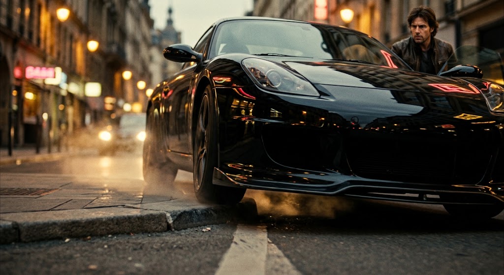夜のヨーロッパ風の街並みを背景に、黒いスポーツカー（ポルシェ・ケイマン）が前輪を縁石に乗り上げ、下部を擦りながら止まっている。車の下からは白煙と火花が上がり、右側のドア付近には心配そうな表情の男性が立っている。