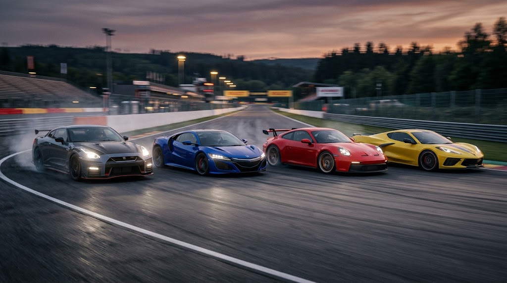 サーキットのストレートで横一列に並んで加速する、日本と海外の高性能スポーツカー(GT-R、NSX、911)の競演。