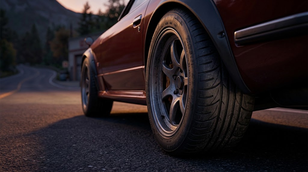 夕暮れ時のアスファルトに停車したスポーツカーのリアタイヤにフォーカスしたクローズアップ。太いタイヤのトレッドパターンが強調されており、背景にはクラシックなスポーツカーのシルエットがぼんやりと写っている。