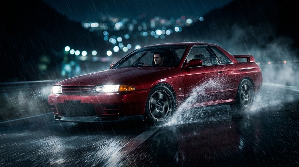 雨に濡れた夜のワインディングロードで、赤いスポーツカーが急ブレーキをかけ、前輪から激しい水しぶきが上がっている。